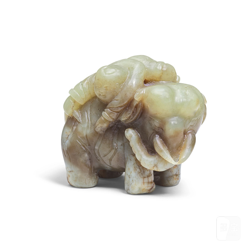 二十世紀 青玉童子洗象把件 | A CELADON JADE 'BOY AND ELEPHANT' GROUP